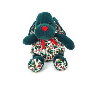 1997 Plush Creations Inc. 8" Stuffed Plush Green Dog Holly Pinecones Holiday